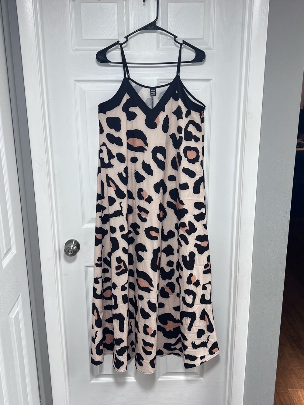 SHEIN Beige Leopard Print Maxi Slip Dress with Black Trim Size S